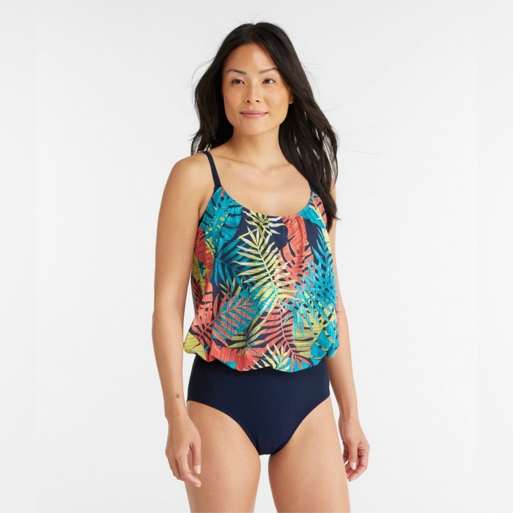 LL.Bean‎ Women’s Multicolor Leaf Blouson Tank Shaping  One Piece Swimsuit Sz L